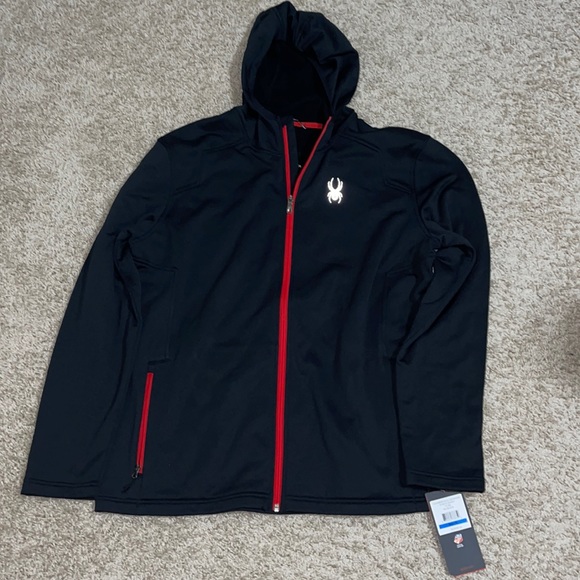 NWT Spyder Men's Chambers Full Zip Hard Face Tech Fleece Size XL (Black/Red) - Picture 2 of 10